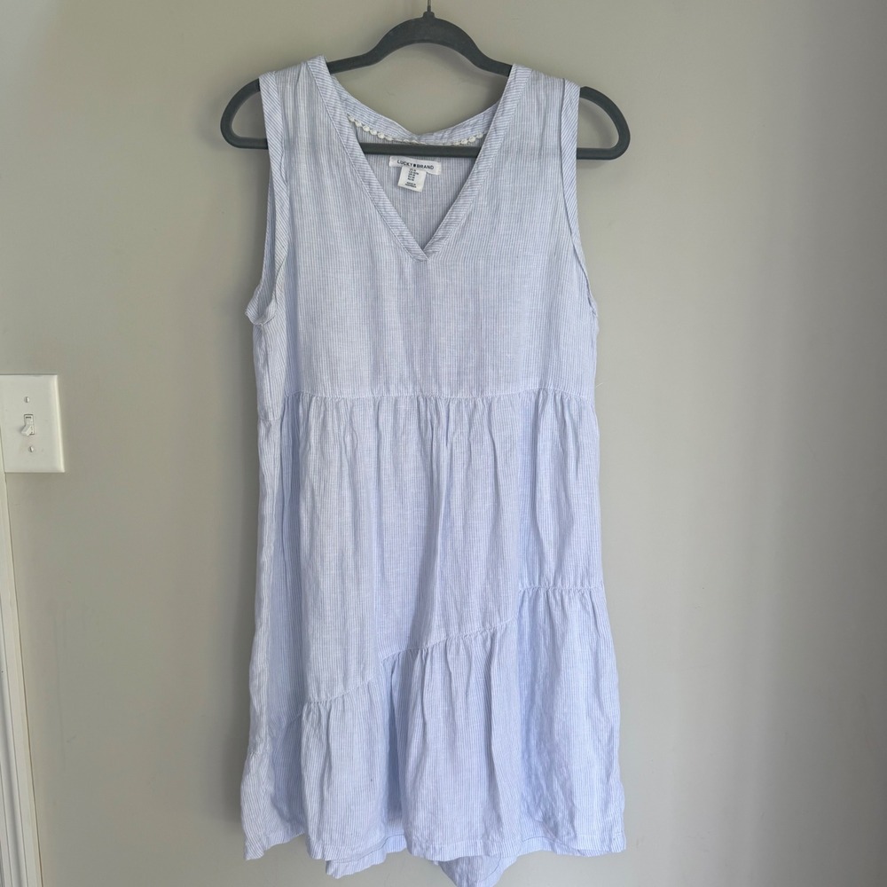 Lucky Brand 100% Linen Dress Blue Striped Tiered Skirt V-Neck Sleeveless Beachy - Picture 1 of 11